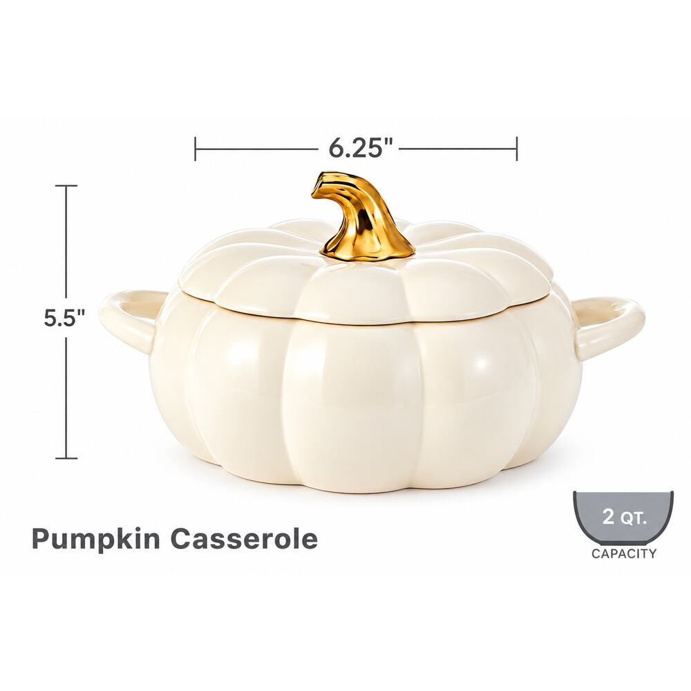 Pfaltzgraff White Pumpkin Casserole 2 Qt NIB | Fall Cottagecore Harvest Elegance - Picture 3 of 10